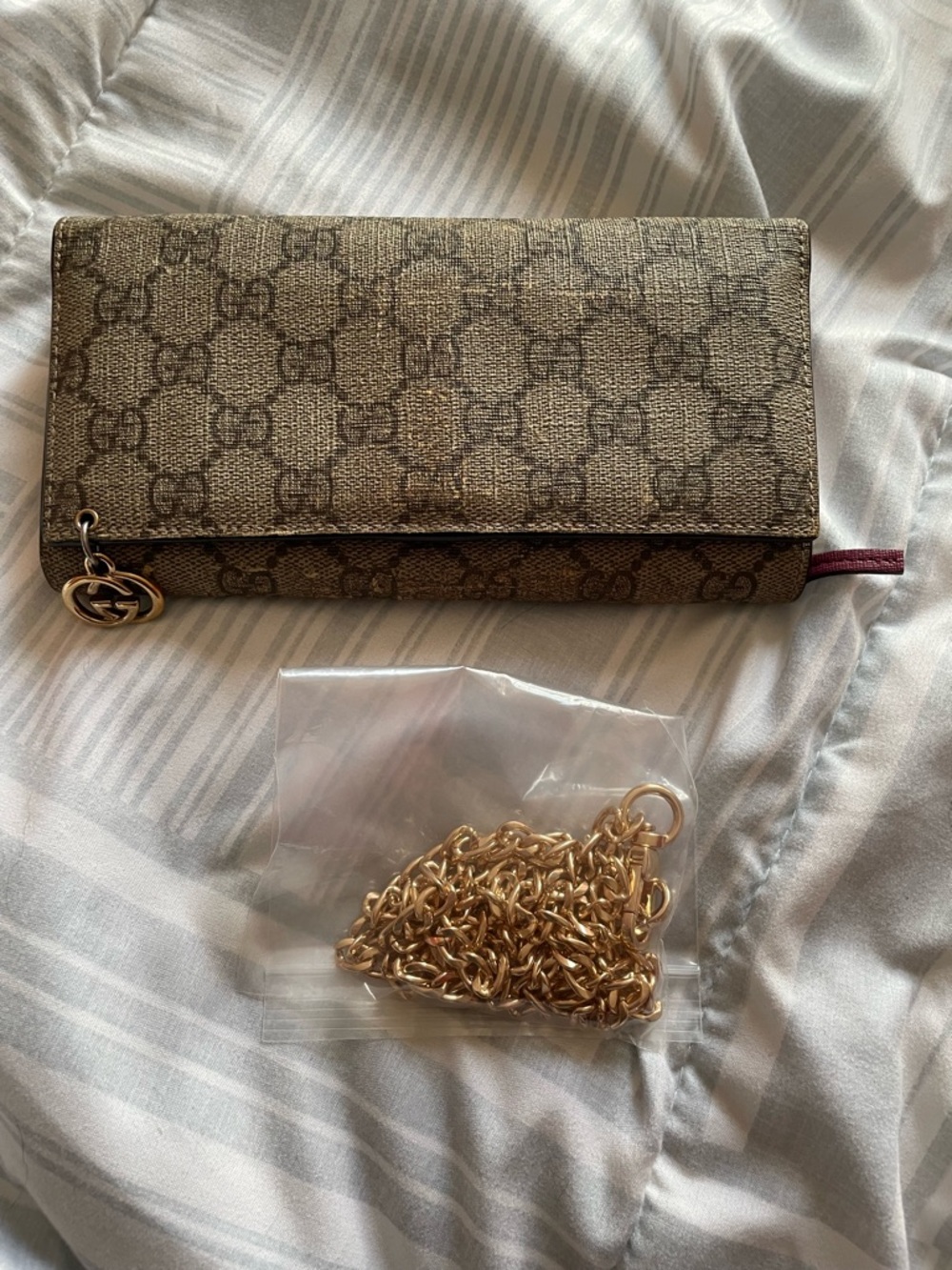 Gucci Brown Monogram Continental Wallet with Gold Charm and Chain